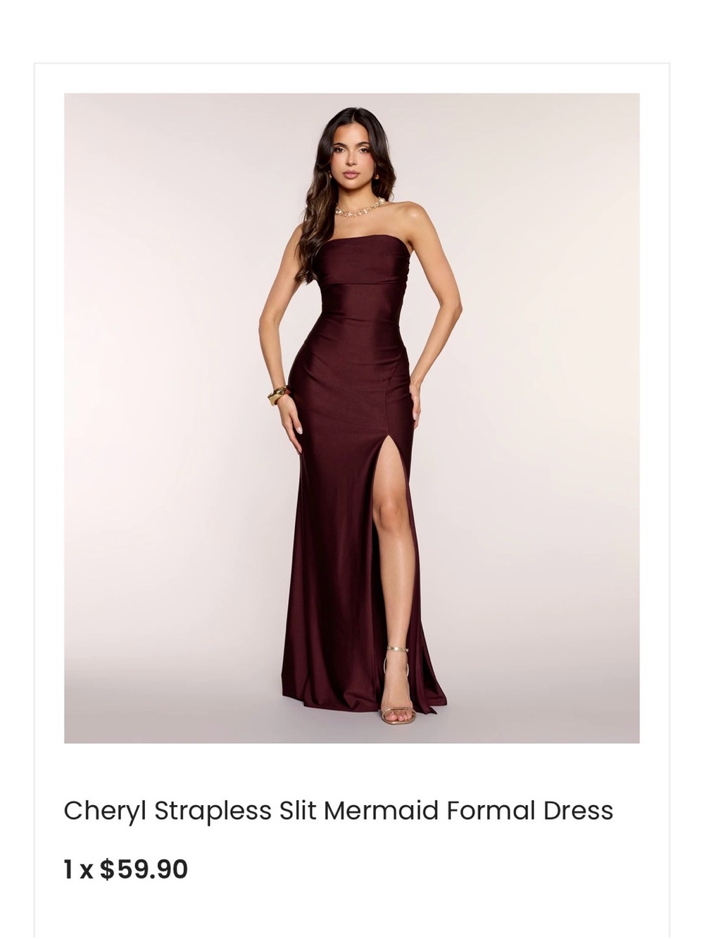 Windsor Strapless Burgundy Mermaid Gown with Thigh Slit